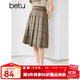 百圖betu女裝夏季新款半身裙復古咖格配腰帶高腰半身裙女2404D12 咖格 M