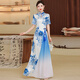 忻縈走秀旗袍加長(cháng)款演出服改良奧黛收腰高端舞臺舞蹈服大碼禮儀長(cháng)款短 藍白色 3XL