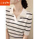 紅蜻蜓（RED DRAGONFLY）夏季冷淡系寬松條紋顯瘦針織衫薄款萊賽爾天絲翻v領(lǐng)短袖上衣t恤 黑白色 L 建議120-130斤