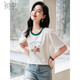 初申 復古印花短袖T恤女寬松百搭撞色拼接圓領(lǐng)上衣S121T168 米白色草莓 S
