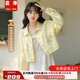 蕓蕁牛仔外套女小清新短外套寬松顯瘦春秋裝高腰刺繡夾克甜美上衣女學(xué) 淡黃色 S