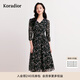 珂萊蒂爾秋季時(shí)尚優(yōu)雅黑色印花七分袖A字連衣裙中長(cháng)款女 黑色 L
