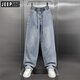 JEEP SPIRIT潮流少年感破洞水洗牛仔褲男士2025春季韓版寬松美式復古直筒長(cháng)褲 藍色 M 體重  100-120斤