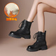 波爾諦奇（BOERDIQI）頭層牛皮厚底粗跟馬丁靴女25年秋冬新款加絨保暖女靴 黑色絨里 38