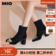 MIO米奧冬季方頭顯高粗跟靴子千禧蝴蝶結時(shí)尚彈力靴襪靴女 黑白藍 36