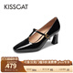 接吻貓KISSCAT玫瑰瑪麗珍女鞋春夏新款單鞋粗跟T帶高跟鞋KA43203-11 黑色 37