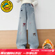 G.duck女童褲子秋冬加絨2025新款兒童牛仔褲女孩大童初中生直筒闊腿長(cháng)褲 淺藍色毛巾繡【加厚一體絨】 140 尺碼9~10歲【130-140cm】