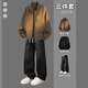 駱森馳（LUOSENCHI）美式潮牌pu皮衣外套男三件套秋冬季復古寬松痞帥上衣夾克休閑套裝 【3件套】皮衣棕+長(cháng)黑T+牛仔褲黑 XL
