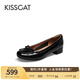 接吻貓KISSCAT船鞋復古法式平底鞋溫柔蝴蝶結女士單鞋KA54518-10 黑色 皺紋牛漆皮 36