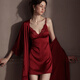 GP MADAM性感吊帶短裙女款春夏季絲綢睡衣蕾絲吊帶睡裙睡袍居家服套裝 酒紅色【睡裙+睡袍】 M 【建議110斤內】