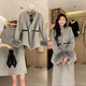 語(yǔ)森憶高個(gè)子冬新款韓版設計感加棉套裝高端收腰毛呢外套高腰精致套裝裙 灰色套裝【高端品質(zhì)】 XL (105-120斤）