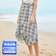 Olrain歐芮兒夏裝格子半身裙女中長(cháng)款度假裙子 灰格子 L