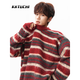 卡圖弛美式馬海毛圣誕紅色條紋毛衣男秋冬季寬松復古慵懶感針織衫線(xiàn)衣服 紅色 XL