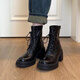 小野七天馬丁靴女士復古厚底粗跟皮2026新款增高瘦瘦靴百搭短靴帶拉鏈 黑色厚底馬丁靴（7.5CM） 37