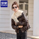 羅蒙（ROMON）加絨加厚皮衣外套女短款2025秋冬新款羊羔毛拼接保暖復古顯瘦棉服 卡其色 L