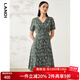 藍地（LANDI）夏季新款豆沙綠法式碎花中長(cháng)款連衣裙女短袖長(cháng)裙 豆沙綠 L