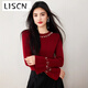 LISCN2025秋冬新款輕熟風(fēng)坑條設計拼接釘珠圓領(lǐng)喇叭長(cháng)袖針織打底毛衣女 紅色 M