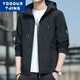 YOOOURTHING夾克男春秋冬連帽外套韓版潮流加絨加厚修身大碼青少年休閑上衣男 JK2130-黑色 常規 XL (建議115-135斤)