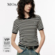 MO&Co.針織衫春夏高比例綿羊毛輕柔捏褶短款條紋薄款上衣摩安珂 白黑條色 S 160