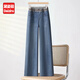 黛姿茹松緊腰闊腿牛仔褲女秋冬2025新款高腰寬松加絨九分牛仔直筒長(cháng)褲 藍色-長(cháng)褲 L (28) 推薦105-115斤