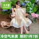 木木屋女童連衣裙夏裝2025新款夏天兒童裙子露肩公主裙小女孩夏季雪紡裙 兒童杏色連衣裙 120 建議5~6歲【110-120】