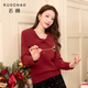 三彩大碼女裝2025冬季新款新年紅蝴蝶結大翻領(lǐng)針織衫細閃修身胖MM