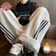 NEW OR MODE美式條紋運動(dòng)休閑褲男士冬季新款百搭衛長(cháng)褲寬松直筒闊腿顯瘦褲子 白花灰加絨 L