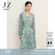 玖姿·安娜蔻法式康乃馨海棠花收腰雪紡印花連衣裙女秋款 花粉綠 M