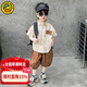 G.duck童裝男童套裝夏季新款兒童衣服夏天中小童條紋襯衫短袖夏裝服裝 咖色襯衫三件套 130 【建議6-7歲】