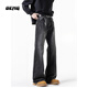 OEMG  美式cleanfit扎花閃電裂紋牛仔褲子男士潮牌設計感直筒微喇長(cháng)褲 黑色 XL [建議110-130斤]