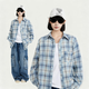 栢啟歆襯衫女上衣女裝秋裝外套長(cháng)袖襯衫格子衫秋季襯衫寬松休閑外套 淺藍格子【M】
