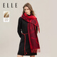 ELLE100%綿羊毛圍巾女士秋冬季保暖提花兩用禮盒禮物紅圍巾新年
