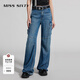 MISS SIXTY牛仔褲女復古工裝口袋磨破顯瘦垂感直筒褲薄款 中藍 25