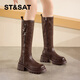 星期六加絨長(cháng)筒靴女2025新款冬季厚底增高復古高筒牛仔靴英倫騎士靴長(cháng)靴