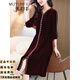 沐韻豐品牌高端真絲絨連衣裙春秋新款高貴洋氣收腰重工釘珠新年婚宴長(cháng)裙 酒紅色 L [適合115-125]斤