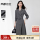 尚都比拉氣質(zhì)平駁領(lǐng)長(cháng)袖連衣裙女秋季不規則下擺西裝裙收腰顯瘦中長(cháng)裙