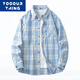 YOOOURTHING格子長(cháng)袖襯衫男春秋冬季加絨加厚寬松休閑襯衣韓百搭復古潮流外套 淺藍色(常規) XL (建議120-145斤)