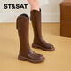 星期六v口長(cháng)筒靴女2025秋冬季不過(guò)膝厚底增高長(cháng)靴英倫風(fēng)時(shí)尚百搭馬丁靴 棕色 38