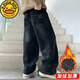 G.duck男童加絨直筒牛仔褲2025冬季新款中大兒童一體絨加厚寬松長(cháng)褲復古 藍色 繡花 奧粒絨蓄熱保暖 160 建議身高150cm