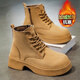 DIBOFEI馬丁靴男款春季加絨加厚保暖棉鞋男士高幫皮面防水厚底戶(hù)外雪地靴 卡其加絨 42