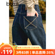 百圖betu女裝冬季新款牛仔褲加絨牛仔直筒褲顯瘦褲子女2411X03 牛仔色 M
