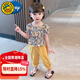 G.duck童裝女童夏裝套裝2024新款兒童衣服女夏季短袖時(shí)尚碎花T恤兩件套 黃色 90 適合80-90年齡1-2歲左右cm
