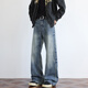 OEHE閃電紋微喇牛仔褲男士秋冬季潮牌高街痞帥寬松直筒顯瘦長(cháng)褲子男 藍色 L