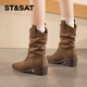 星期六尖頭短靴女鞋冬2025新款爆款加絨保暖瘦瘦靴軟底增高不累腳小短靴