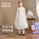 Little  Naive兒童針織拼接網(wǎng)紗公主連衣裙秋冬女童加絨紅色拜年服 米色 140