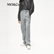 MO&Co.休閑褲含綿羊毛抽繩松緊高腰立體中線(xiàn)長(cháng)直筒寬松運動(dòng)褲軟糯風(fēng) 淺花灰色 S