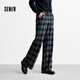 森馬（Semir）休閑褲女冬格子加絨長(cháng)褲寬松2025新款鹽系慵懶復古潮流闊腿褲 藍綠色調00384 L