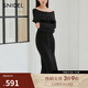 SNIDEL2025春夏新品氣質(zhì)淑女一字領(lǐng)露肩紐扣針織連衣裙SWNO251037 黑色 均碼 F