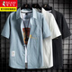 啄木鳥(niǎo)冰絲短袖襯衫男夏季薄款男士寬松休閑半袖印花襯衣外套上衣服男裝 G55灰藍 L