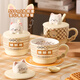 旻勝 早餐馬克杯帶蓋勺 陶瓷咖啡泡茶喝水杯子女高顏值情人節新年禮物 立體貓咪陶瓷杯【杯+蓋+陶瓷勺】